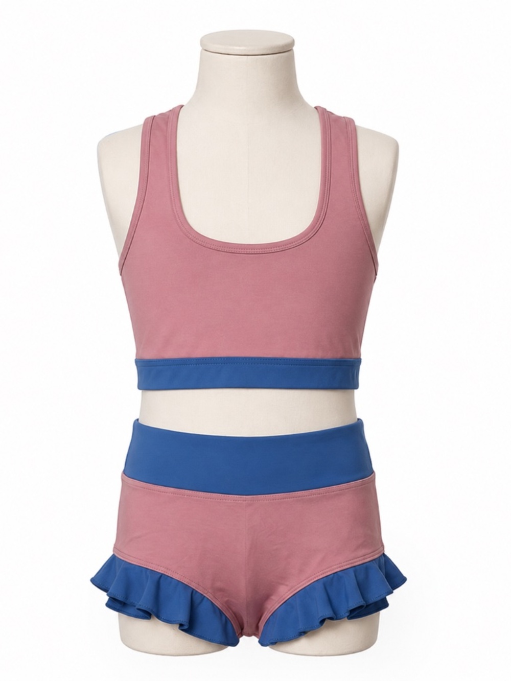 EUC Girls Pink Periwinkle Dance Set Sports Bra Ruffle Shorts Ballet Gymnastics